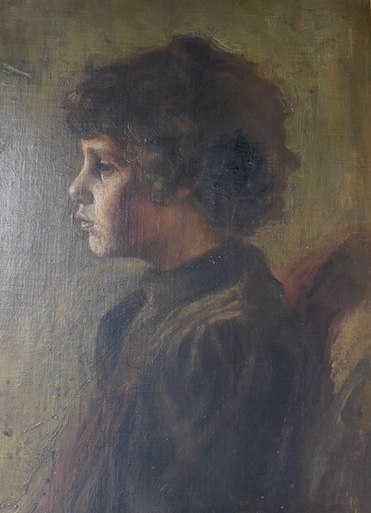 20th century School, oil on board, Profile of a child, stamped ESK lower left, 47 x 35cm, gilt frame. Condition - fair